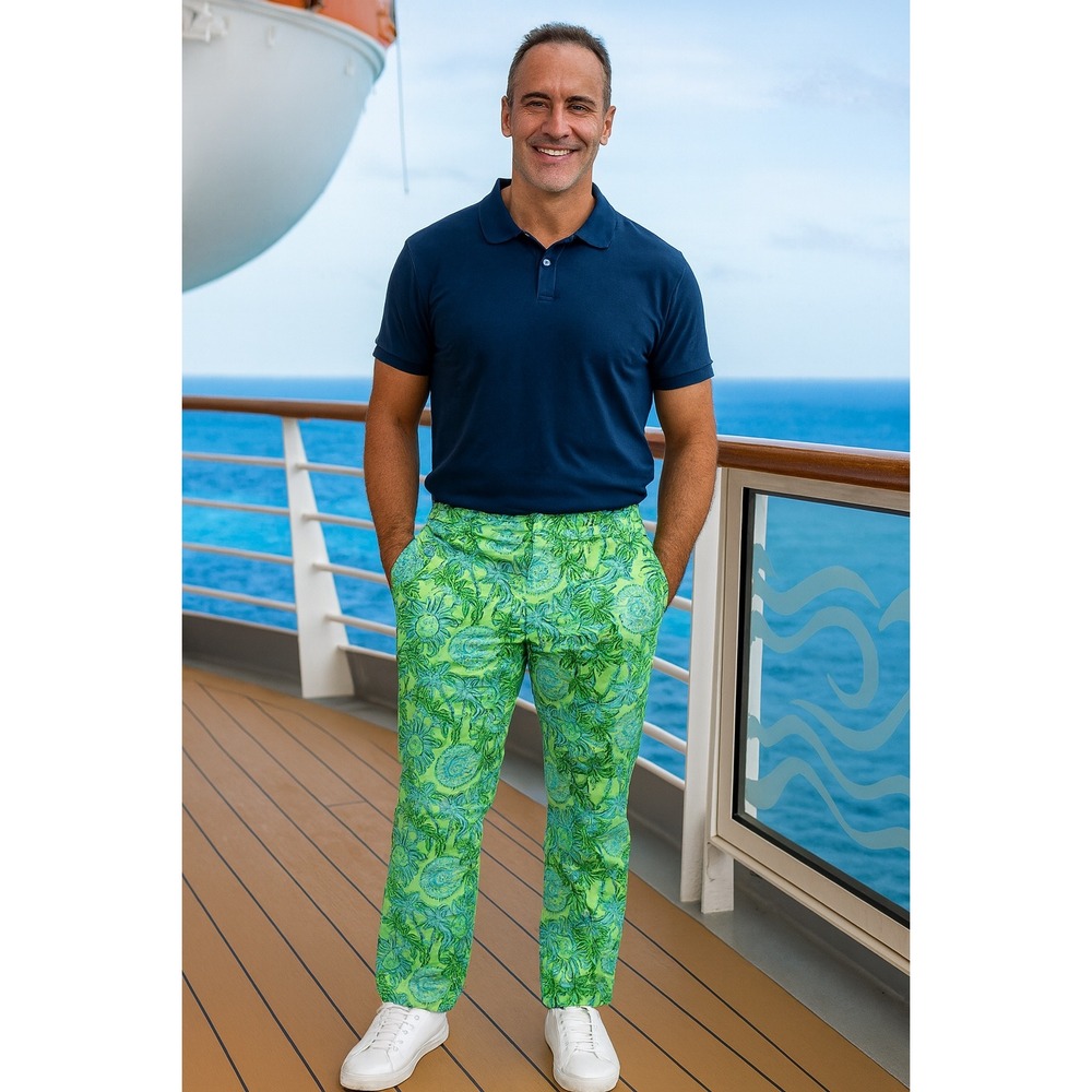 Men's Green Tropical Print Pants - Casual Resort Wear